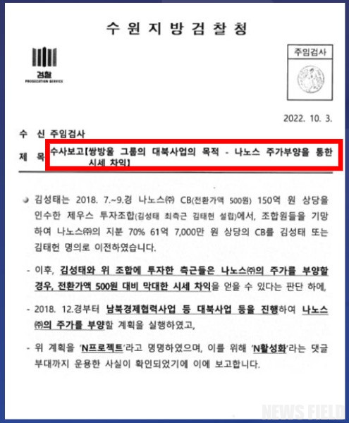 수원지검 보고서: 쌍방울 대북송금 사건, 이재명 아닌 김성태 주가 부양 목적