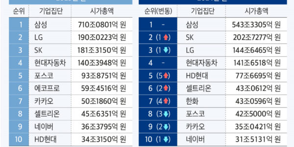 삼성전자 부진, 대기업 시총 감소 주도... SK, LG 제치고 2위 차지