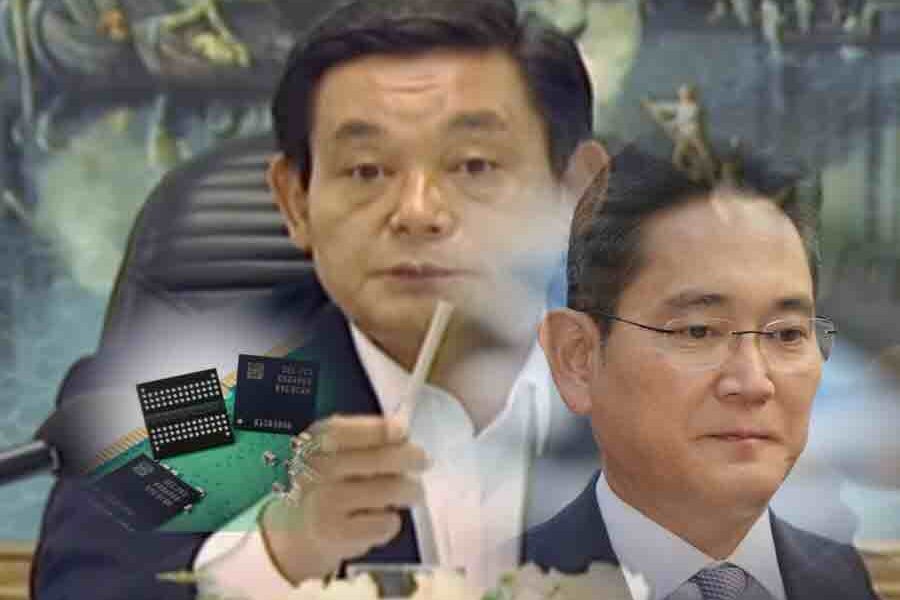 이건희 선대 삼성그룹 회장과 이재용 삼성전자 회장. (왼쪽) 10나노급 5세대 D램 칩