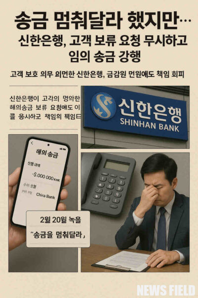 신한은행이 고객의 송금 보류 요청을 무시하고 해외 송금을 강행한 사건을 재구성한 연출된 이미지. 