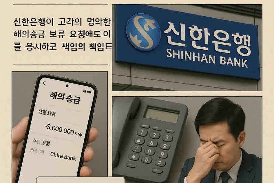 신한은행이 고객의 송금 보류 요청을 무시하고 해외 송금을 강행한 사건을 재구성한 연출된 이미지.
