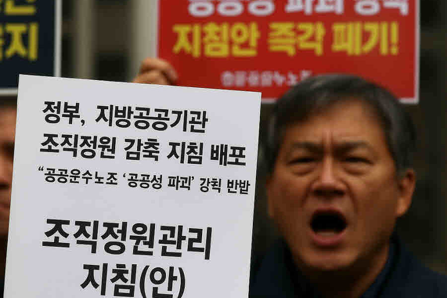 정부의 지방공공기관 조직정원 감축 지침(안)에 반대하는 전국공공운수사회서비스노조의 시위를 상징적으로 표현한 이미지. 전면에는 ‘조직정원관리 지침(안)’ 문건이 놓여 있고, 배경에서는 붉은 피켓을 든 노조원이 강하게 항의하고 있다. 인력 감축 정책에 대한 우려와 분노를 시각적으로 드러낸 장면.