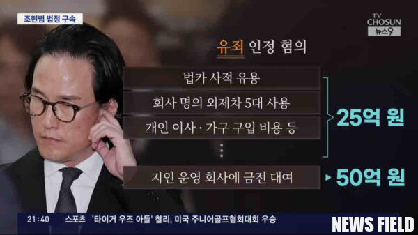 조현범, 한국타이어, 횡령, 배임, 법정구속, 징역3년, 이명박사위, 조양래차남, 서울중앙지법, 특정경제범죄, 보석취소, 회사자금유용, 법인카드, 한국프리시전웍스, 타이어몰드, 부당지원, 재벌, 경제범죄. TV조선 캡처.