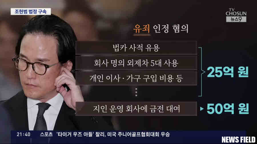 조현범, 한국타이어, 횡령, 배임, 법정구속, 징역3년, 이명박사위, 조양래차남, 서울중앙지법, 특정경제범죄, 보석취소, 회사자금유용, 법인카드, 한국프리시전웍스, 타이어몰드, 부당지원, 재벌, 경제범죄. TV조선 캡처.