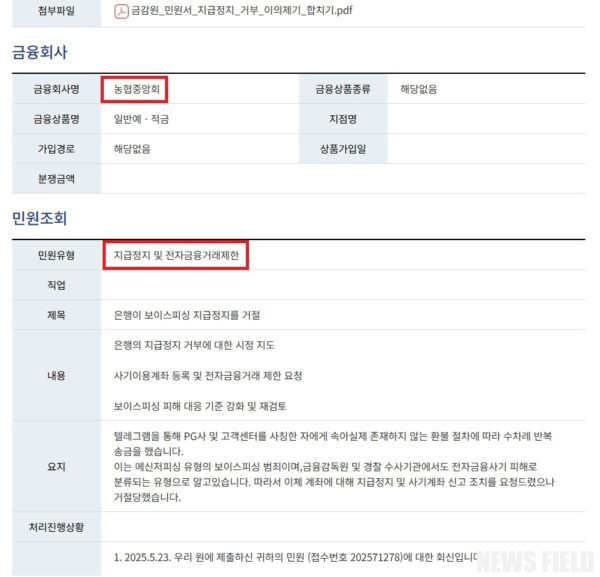 금융감독원 민원 내용. 피해자 A씨 제공.