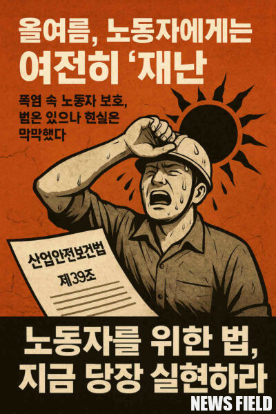 올여름, 폭염 속 노동자 보호를 위한 산업안전보건법 개정안이 시행됐지만, 시행규칙 부재로 현장은 여전히 위험하다. 노동자들은 규제개혁위원회의 '과도한 규제' 판단을 비판하며, 생명을 지키는 실질적인 대책 마련을 강력히 촉구했다. 이미지=AI