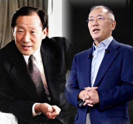 좌측: 현대차그룹의 창업주 정주영 회장. 고객을 위한 희생을 강조하며 직접 현장에서 직원들과 헌신했던 그의 경영 철학은 오늘날 현대차 성장의 밑거름이 됐다. 우측: 정주영 회장의 손자이자 현 현대차그룹을 이끄는 정의선 회장. '인류를 향한 진보'를 기치로 미래 모빌리티 시대를 선도하지만, 노동자 35억 원 손해배상 판결로 기업의 사회적 책임에 대한 의문이 제기되고 있다.