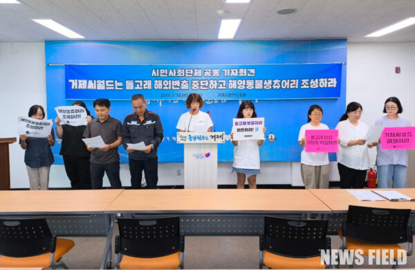 2025년 7월 23일, 핫핑크돌핀스를 비롯한 14개 시민사회단체가 거제시청 브리핑 룸에서 거제씨월드의 돌고래 해외 반출 중단을 촉구하며 해양동물생츄어리 조성을 요구하는 기자회견을 열고 있다.