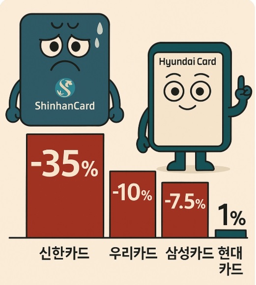 2025년 상반기 국내 주요 카드사들의 실적 현황을 보여주는 인포그래픽. 신한카드가 35% 감소하며 가장 큰 폭의 순이익 하락을 보인 반면, 현대카드는 1% 성장하며 유일하게 선방한 모습을 나타냈다. 이는 가맹점 수수료 인하, 조달 비용 증가, 연체율 상승 등 카드업계를 덮친 삼중고를 시각적으로 보여준다. 사진=쳇GPT