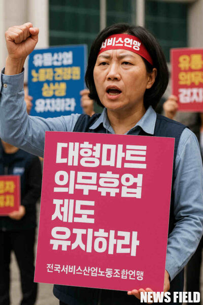 전국서비스산업노동조합연맹은 유통산업발전법상 대형마트 의무휴업 제도가 노동자 건강권과 중소유통업 상생을 위한 사회적 합의의 결과임을 강조하며 제도 유지를 촉구했다. 사진=쳇GPT