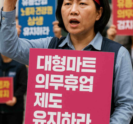 전국서비스산업노동조합연맹은 유통산업발전법상 대형마트 의무휴업 제도가 노동자 건강권과 중소유통업 상생을 위한 사회적 합의의 결과임을 강조하며 제도 유지를 촉구했다. 사진=쳇GPT