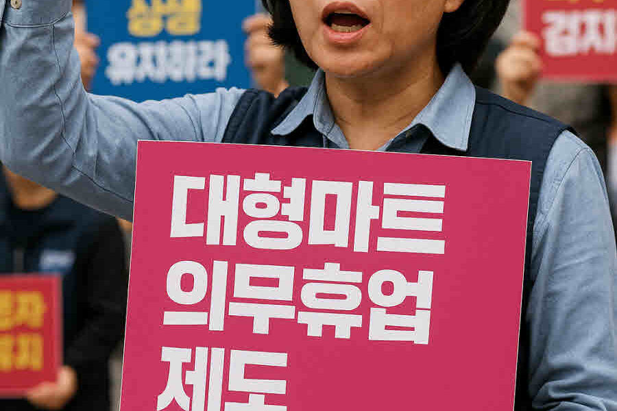 전국서비스산업노동조합연맹은 유통산업발전법상 대형마트 의무휴업 제도가 노동자 건강권과 중소유통업 상생을 위한 사회적 합의의 결과임을 강조하며 제도 유지를 촉구했다. 사진=쳇GPT