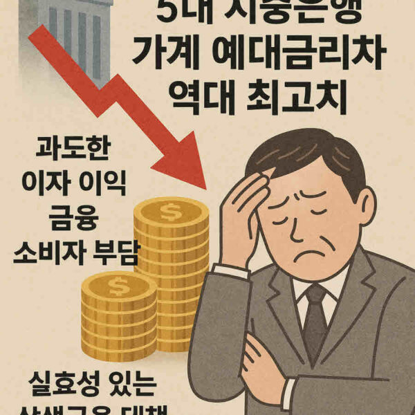 한국은행 기준금리 인하에도 5대 시중은행의 가계 예대금리차가 역대 최고치를 기록하며 금융 소비자들의 이자 부담이 심화되고 있다. 이에 은행권의 과도한 이자 이익 추구에 대한 비판과 함께 금융 당국의 실효성 있는 상생금융 대책 마련이 시급하다는 지적이 나온다. 사진=쳇GPT