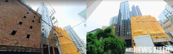 현장에서 살펴보면, A 오피스텔 건물 좌우로 9층 높이의 L모텔과 10층 높이의 K모텔이 거의 맞닿아 서 있다. 분양 팸플릿에서는 이들 건물이 존재하지 않거나 축소되어 보였지만, 실제로는 A 오피스텔의 저층부 조망을 완전히 가로막고 있는 상황이다. 특히 K모텔은 현재 리모델링 공사가 한창 진행 중이다.