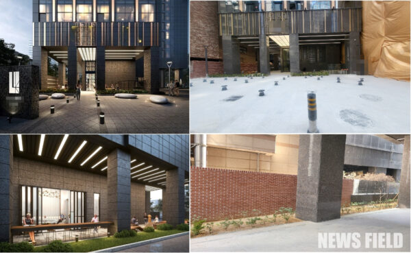 오피스텔의 광고 사진과 실제 시공된 조경 모습이 크게 달라 수분양자들의 불만이 터져 나오고 있다. 팸플릿에는 푸른 잔디와 조경수가 어우러진 고급스러운 정원 공간이 제시되었지만, 실제 현장은 흙바닥에 빈약한 조경수만 듬성듬성 심어져 '황량한' 모습이라는 지적이다.