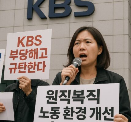 전국민주언론시민연합네트워크가 7일 서울에서 발표한 성명에서 KBS의 부당해고 행정소송 제기를 규탄하며 방송작가의 원직복직을 주장하는 모습. 사진=쳇GPT