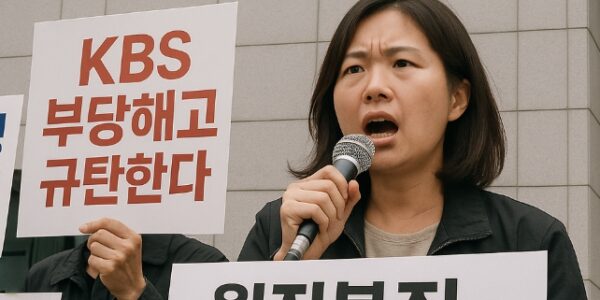 전국민주언론시민연합네트워크가 7일 서울에서 발표한 성명에서 KBS의 부당해고 행정소송 제기를 규탄하며 방송작가의 원직복직을 주장하는 모습. 사진=쳇GPT