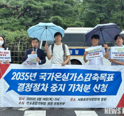 2025년 8월 14일, 서울중앙지방법원 정문에서 민주사회를 위한 변호사모임 환경보건위원회와 기후위기 헌법소원 대리인단이 정부의 2035년 국가온실가스감축목표(NDC) 결정 절차 중지를 요구하는 가처분 신청을 제기하며 기자회견을 가졌다. 이들은 기후위기 극복을 위한 탄소중립기본법 개정 운동의 필요성을 강조하고, 헌법재판소 결정 취지에 따른 제대로 된 감축목표를 만들 것을 주장했다.