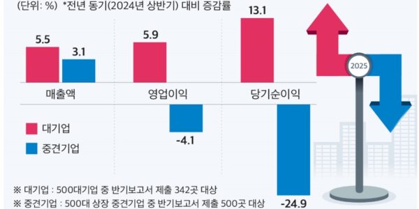 국내 500대 중견기업의 상반기 영업이익이 IT·전기전자 업종 부진에 따라 전년 대비 4.1% 감소했다. 반면, 에이피알은 영업이익이 149.4% 급증하며 가장 큰 증가폭을 기록했다.