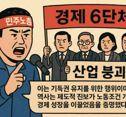 민주노총은 경제6단체가 노조법 개정안에 대해 '산업 붕괴'를 주장하며 반대한 것을 강하게 비판했다. 이는 기득권 유지를 위한 행위이며, 역사는 제도적 진보가 노동조건 개선과 경제 성장을 이끌었음을 증명했다고 반박했다. 사진=쳇GPT