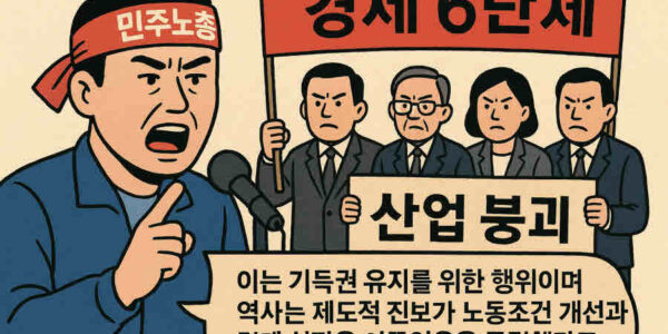 민주노총은 경제6단체가 노조법 개정안에 대해 '산업 붕괴'를 주장하며 반대한 것을 강하게 비판했다. 이는 기득권 유지를 위한 행위이며, 역사는 제도적 진보가 노동조건 개선과 경제 성장을 이끌었음을 증명했다고 반박했다. 사진=쳇GPT