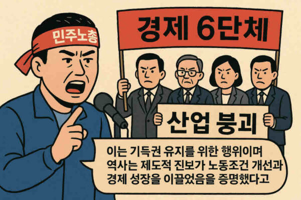 민주노총은 경제6단체가 노조법 개정안에 대해 '산업 붕괴'를 주장하며 반대한 것을 강하게 비판했다. 이는 기득권 유지를 위한 행위이며, 역사는 제도적 진보가 노동조건 개선과 경제 성장을 이끌었음을 증명했다고 반박했다. 사진=쳇GPT