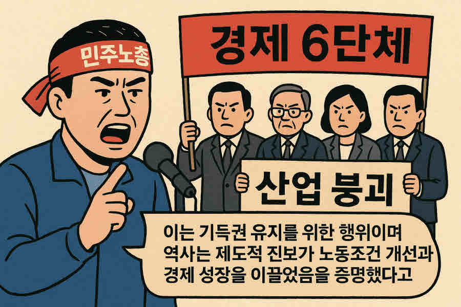 민주노총은 경제6단체가 노조법 개정안에 대해 '산업 붕괴'를 주장하며 반대한 것을 강하게 비판했다. 이는 기득권 유지를 위한 행위이며, 역사는 제도적 진보가 노동조건 개선과 경제 성장을 이끌었음을 증명했다고 반박했다. 사진=쳇GPT