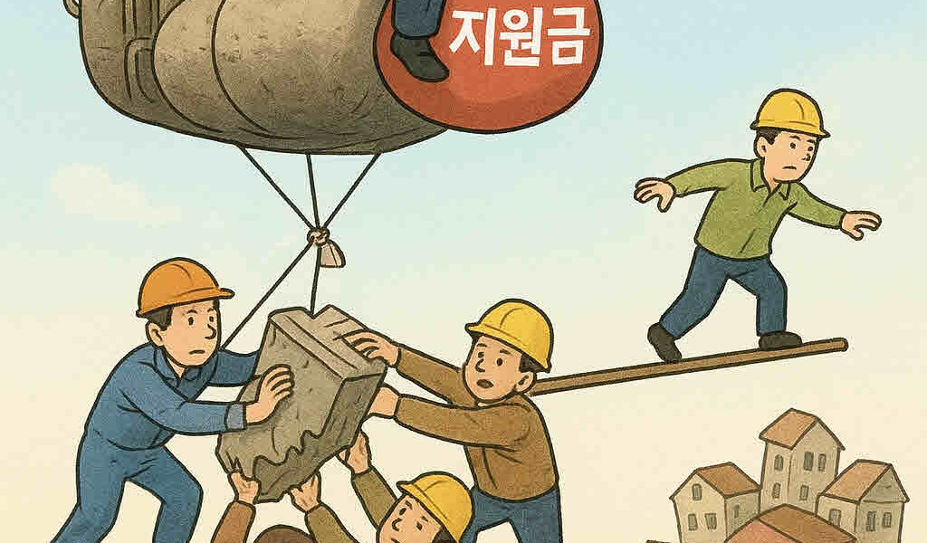 거대한 석유 플랜트가 풍선처럼 줄어들고, 그 위에 앉은 정부 인사가 지원금 자루만 붙잡고 있는 모습. 아래에서는 노동자들이 줄어드는 설비 조각을 붙잡으려 애쓰는 장면. 사진=쳇GPT