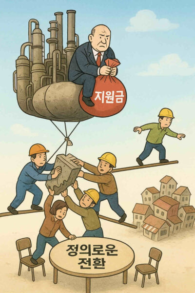 거대한 석유 플랜트가 풍선처럼 줄어들고, 그 위에 앉은 정부 인사가 지원금 자루만 붙잡고 있는 모습. 아래에서는 노동자들이 줄어드는 설비 조각을 붙잡으려 애쓰는 장면. 사진=쳇GPT