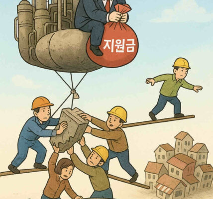 거대한 석유 플랜트가 풍선처럼 줄어들고, 그 위에 앉은 정부 인사가 지원금 자루만 붙잡고 있는 모습. 아래에서는 노동자들이 줄어드는 설비 조각을 붙잡으려 애쓰는 장면. 사진=쳇GPT