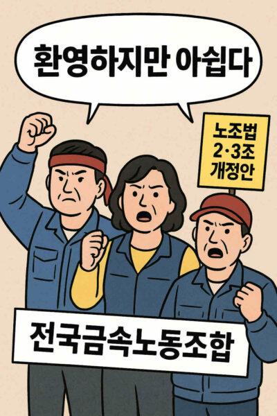 노동계는 국회를 통과한 노조법 2·3조 개정안에 대해 환영하면서도, 6개월의 시행 유예와 미흡한 내용에 깊은 아쉬움을 표했다. 이에 따라 금속노조는 모든 노동자의 권익을 높이고 일터에 민주주의를 정착시키기 위해 원청과의 교섭 및 추가 투쟁에 나설 것을 예고했다.  사진=쳇GPT