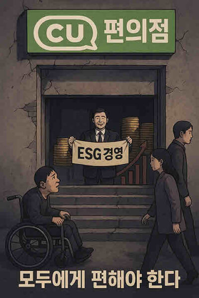 CU 편의점 입구에 높고 가파른 계단이 버티고 있고, 그 앞에서 휠체어 이용자가 절망스레 올려다보고 있다. 사진=쳇GPT