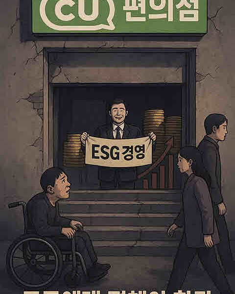 CU 편의점 입구에 높고 가파른 계단이 버티고 있고, 그 앞에서 휠체어 이용자가 절망스레 올려다보고 있다. 사진=쳇GPT