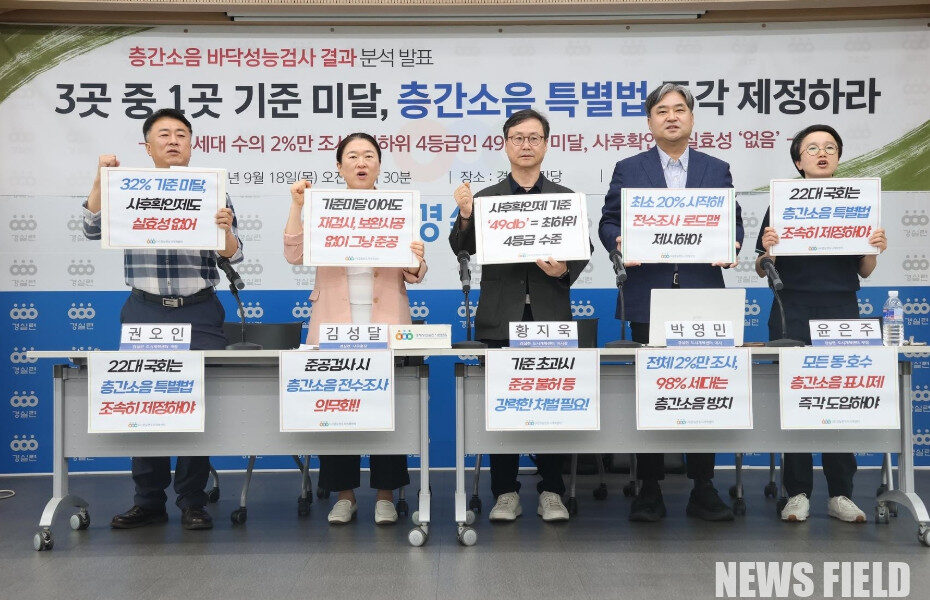 2025년 9월 18일 서울 종로구 경실련 회관에서 열린 기자회견에서 경실련 관계자들이 층간소음 사후확인제도의 문제점을 지적하며 정부의 제도 개선을 촉구했다.