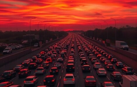 최근 5년간 명절 고속도로 정체 구간 분석 결과, 서해안선과 경부선 일부 구간이 매년 상습 정체를 겪었으며, 특히 서해안선 일직Jct~금천IC 구간은 지난해 추석 50시간의 정체를 기록하며 심각한 병목현상을 보였다. 민홍철 의원은 이러한 반복적인 정체가 물류 및 에너지 낭비로 이어진다고 지적하며, 스마트 교통시스템 확충과 도로 인프라 확충 등 종합 대책 마련이 필요하다고 밝혔다. 사진=AI 이미지