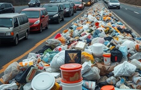 최근 5년간 전국 고속도로 쓰레기 발생량은 총 4만 8,819톤이며, 명절 연휴 기간에는 일평균 발생량이 평소의 두 배를 넘어 심각한 '집중형 오염' 현상이 반복되고 있다. 이에 따라 운전자 의식 개선과 함께 정부와 지자체의 관리 대책 강화가 절실하다는 지적이 제기됐다. 사진=AI 이미지