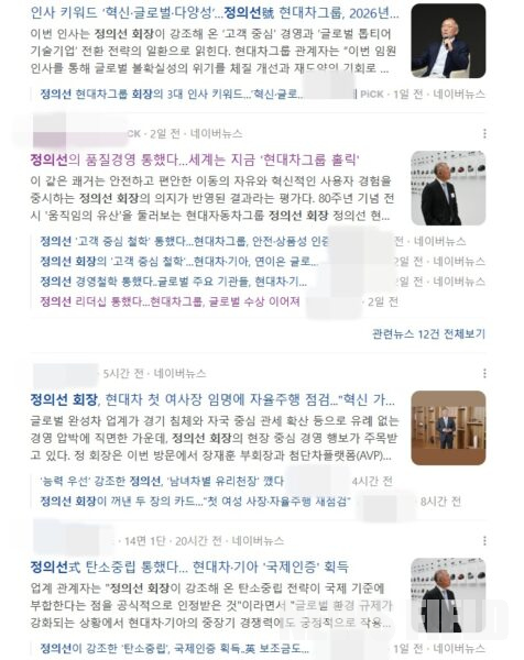 미디어오늘이 '현대차 정의선 장남 음주운전 기사 삭제 논란' 제목으로 보도한 2025년 12월 24일 오후 3시 39분 이후, 네이버 뉴스 검색 결과 화면. 비판적인 기사가 보도된 직후 현대차그룹의 사회공헌 및 정의선 회장의 경영 행보를 찬양하는 홍보성 기사들이 단시간에 폭발적으로 쏟아져 나오며, 논란이 된 기사를 검색 결과 하단으로 밀어내는 이른바 '기사 밀어내기' 의혹이 불거졌다.