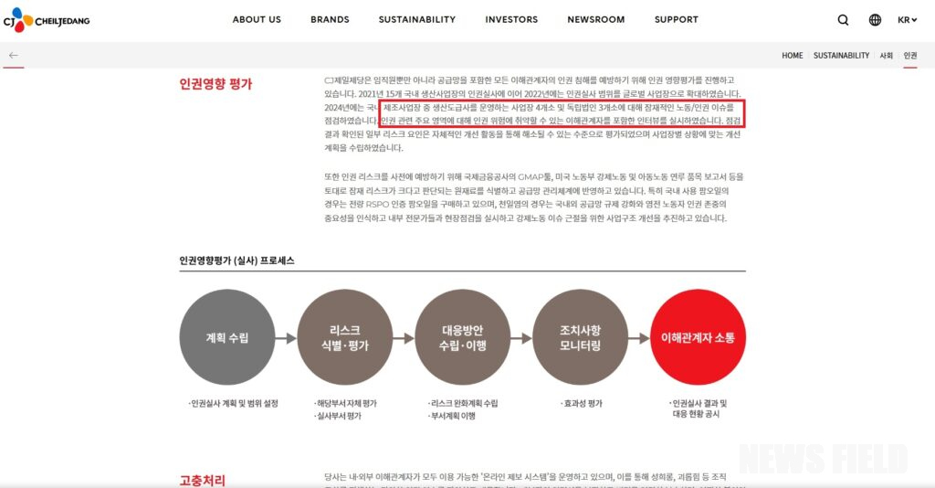 CJ제일제당 인권영향 평가 캡처.
