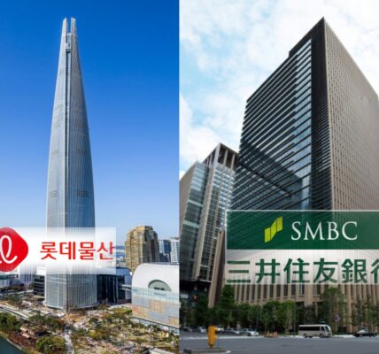 (왼) 서울 송파구 잠실에 위치한 롯데월드타워 전경. 롯데물산이 개발·운영하는 복합문화시설 및 초고층 랜드마크 빌딩 모습. (오) 일본 도쿄에 위치한 SMBC(삼정–미쓰이 은행) 본사 건물 전경. 일본 주요 메가뱅크 중 하나의 고층 오피스 빌딩.