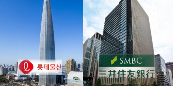 (왼) 서울 송파구 잠실에 위치한 롯데월드타워 전경. 롯데물산이 개발·운영하는 복합문화시설 및 초고층 랜드마크 빌딩 모습. (오) 일본 도쿄에 위치한 SMBC(삼정–미쓰이 은행) 본사 건물 전경. 일본 주요 메가뱅크 중 하나의 고층 오피스 빌딩.