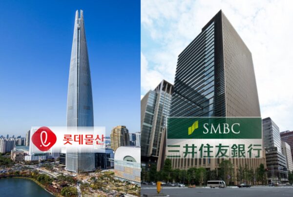 (왼) 서울 송파구 잠실에 위치한 롯데월드타워 전경. 롯데물산이 개발·운영하는 복합문화시설 및 초고층 랜드마크 빌딩 모습. (오) 일본 도쿄에 위치한 SMBC(삼정–미쓰이 은행) 본사 건물 전경. 일본 주요 메가뱅크 중 하나의 고층 오피스 빌딩.