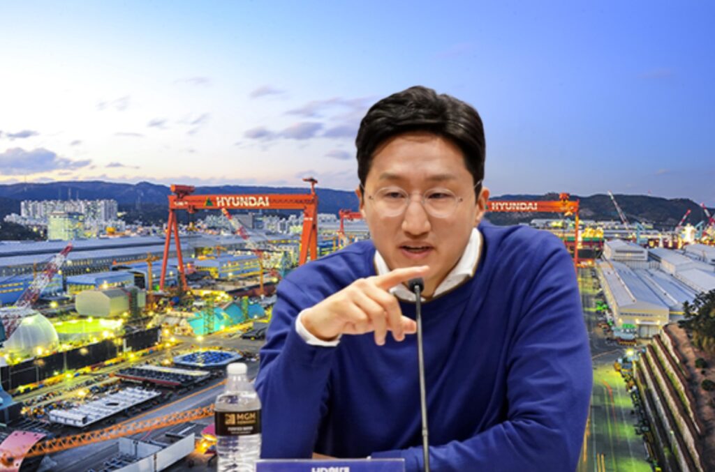 정기선 HD한국조선해양㈜의 대표이사(전략부문) 수석부회장과 HD한국조선해양 조선소 전경.