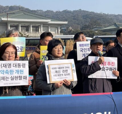 12일 오전 서울 청와대 분수대 앞에서 시민주도 헌법개정 전국 네트워크(시민개헌넷) 관계자들이 '대통령의 책임 있는 개헌 추진 촉구 기자회견'을 열고 구호를 외치고 있다.