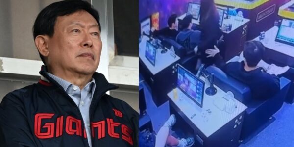 (왼) 신동빈 롯데그룹 회장이 부산 사직야구장에서 롯데 자이언츠 유니폼을 착용한 채 선수단을 격려하고 있다. 신 회장은 롯데 자이언츠의 구단주로서 구단 운영 전반을 총괄하고 있다. (오) 한국의 온라인 커뮤니티를 통해 공개된 롯데 선수들의 모습이 담긴 CCTV 영상.