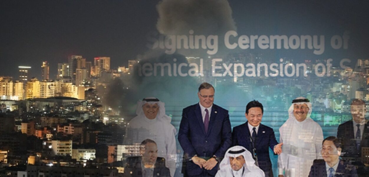 사진은 (위) 미국과 이스라엘이 시작한 중동 전쟁으로 공격을 당한 레바논의 수도 베이루트 (아래) 지난 2023년 6월(현지시간) 사우디 아람코 본사에서 당시, 원희룡 국토교통부 장관(윗줄 가운데)을 비롯해 윤영준 현대건설 사장, 압둘카림 알 감디(Abdulkarim Al Ghamdi) 아람코 부사장, 프랑수아 굿(François Good) 토탈에너지 부사장(아랫줄 오른쪽부터)이 참석한 가운데 아미랄 프로젝트 계약 서명식을 진행하고 있는 모습.