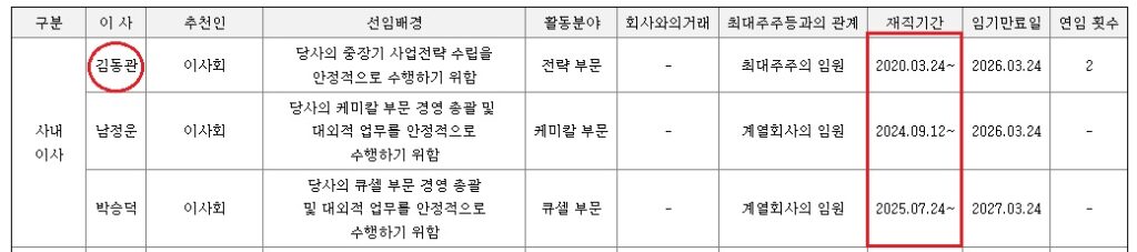 김동관 부회장은 2020년 사내이사 선임 이후 재선임을 거쳐 현재 3연임 중으로, 전략 부문을 총괄하며 중장기 사업전략 수립을 주도해온 유일한 사내이사다. 반면 남정운·박승덕 대표는 각각 2024년과 2025년에 선임된 전문경영인이다. 사진=한화솔루션 사업보고서 캡처.