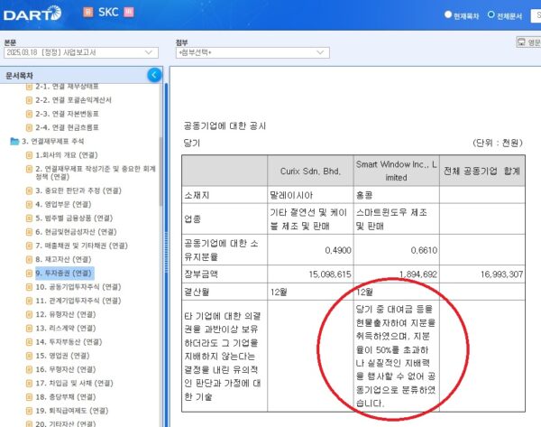 금융감독원 전자공시시스템(DART)에 공개된 SKC(주) 사업보고서 일부. 할리오 청산 이후 설립된 홍콩 법인 Smart Window Inc., Limited에 대해 SKC가 지분 66.10%를 보유하고도 “지분율이 50%를 초과하나 실질적인 지배력을 행사할 수 없어 공동기업으로 분류했다”고 명시한 대목이 표시돼 있다.