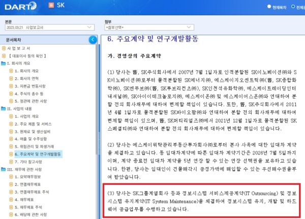 SK㈜ 사업보고서 중 ‘주요계약 및 연구개발활동’ 부분. 빨간 박스 표시된 (3)번 항목에서 “당사는 SK그룹계열회사 등과 정보시스템 서비스 제공계약(IT Outsourcing) 및 정보시스템 유지계약(IT System Maintenance)을 체결하여 정보시스템 유지, 개발 및 하드웨어 공급 업무를 수행하고 있습니다”라고 명시하고 있다.출처: DART(전자공시시스템) / SK㈜ 2023년 사업보고서