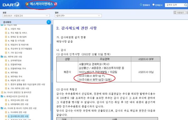SK E&S 2023년 사업보고서(2023.03.31 제출) 중 ‘감사제도에 관한 사항’ 부분. 빨간 원으로 표시된 채준식 감사(당시 SK㈜ 재무1실장 출신)의 인적사항이다. “SK주식회사 재무1실 PL / SK주식회사 재무1실장 (임원)”으로 명시되어 있어, 사고 당시 SK E&S 감사가 지주사 SK㈜의 재무 핵심 임원 출신임을 확인할 수 있다.출처: DART(전자공시시스템) / 에스케이이엔에스 주식회사 2023년 사업보고서