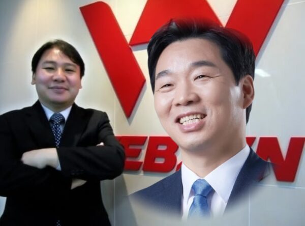 웹젠 김태영 대표이사(왼쪽)와 최대주주 김병관 전 더불어민주당 의원. 대법원 부당노동행위 패소 판결이 난 가운데, 소송 기간 김태영 대표를 포함한 사내이사 3인은 보수와 스톡옵션으로 약 91억 원을 수령했고, 김병관 전 의원은 배당으로만 약 162억 원을 받은 것으로 확인됐다. (사진=웹젠, 편집=뉴스필드)
